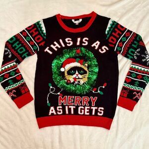 NWOT No Boundaries No|Bo Grumpy Cat Ugly Christmas Sweater - Real Bells & Tinsel